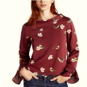 ZARA Boat Neck Bird Print Ruffle Sleeve Blouse Office Professional Statement XS